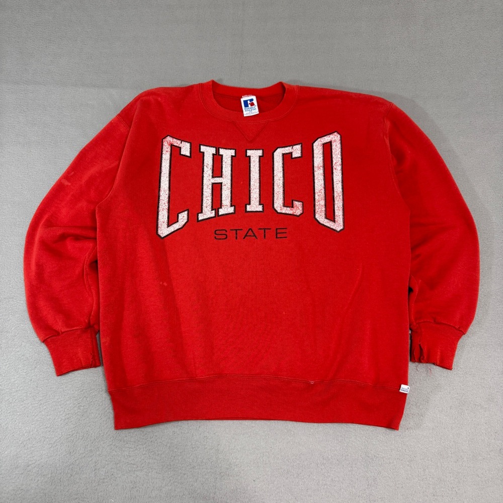 Vintage Russell Athletic Sweatshirt Mens XL Red Chico State USA Made Distressed